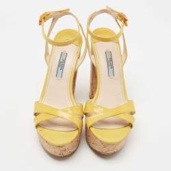 Prada Yellow Patent Leather Cork Platform Ankle Strap Sandals Size 37.5
