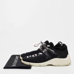 Pre Owned Prada Black Logo Print Knit Fabric and Leather Low Top Sneakers Size 39