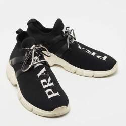 Pre Owned Prada Black Logo Print Knit Fabric and Leather Low Top Sneakers Size 39