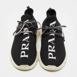 Pre Owned Prada Black Logo Print Knit Fabric and Leather Low Top Sneakers Size 39