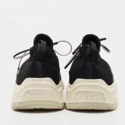 Pre Owned Prada Black Logo Print Knit Fabric and Leather Low Top Sneakers Size 39