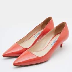Pre Owned Prada Orange Patent Leather Pointed Toe Kitten Heel Pumps Size 37
