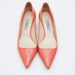 Pre Owned Prada Orange Patent Leather Pointed Toe Kitten Heel Pumps Size 37