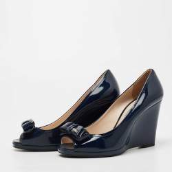 Prada Navy Blue Patent Leather Bow Peep Toe Wedge Pumps Size 38.5