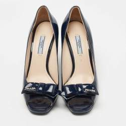 Prada Navy Blue Patent Leather Bow Peep Toe Wedge Pumps Size 38.5
