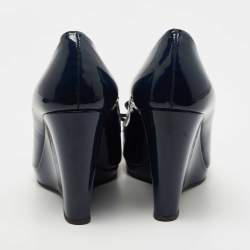 Prada Navy Blue Patent Leather Bow Peep Toe Wedge Pumps Size 38.5