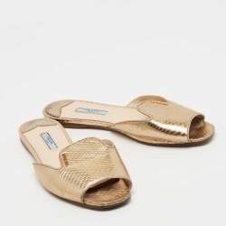 Pre Owned Prada Gold Snakeskin Embossed Leather Flat Slides Size 38