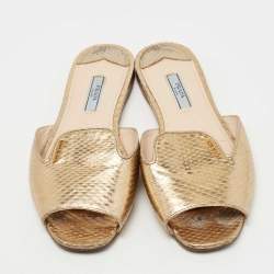 Pre Owned Prada Gold Snakeskin Embossed Leather Flat Slides Size 38