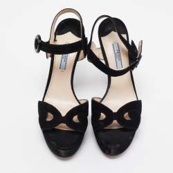 Pre Owned Prada Black Suede Platform Ankle Strap Sandals Size 39