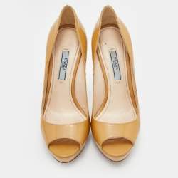 Pre Owned Prada Beige Patent Leather Peep Toe Platform Pumps Size 35.5