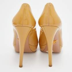 Pre Owned Prada Beige Patent Leather Peep Toe Platform Pumps Size 35.5