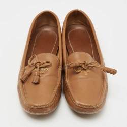 Pre Owned Prada Brown Saffiano Leather Bow Detail Loafers Size 39