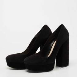Pre Owned Prada Black Suede Platform Block Heel Pumps Size 38