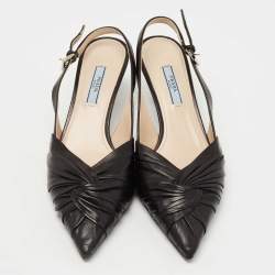 Prada Black Pleated Leather Slingback Pumps Size 38