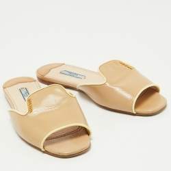Prada Beige Patent Leather Flat Slides Size 37.5