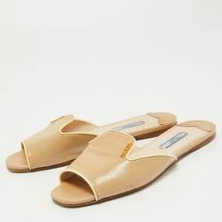 Prada Beige Patent Leather Flat Slides Size 37.5
