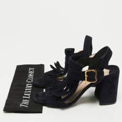 Pre Owned Prada Navy Blue Suede Fringe Ankle Strap Sandals Size 38.5