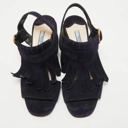 Pre Owned Prada Navy Blue Suede Fringe Ankle Strap Sandals Size 38.5