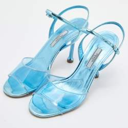 Prada Metallic Blue/Transparent Patent Leather and PVC Ankle Strap Sandals Size 36.5