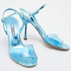 Prada Metallic Blue/Transparent Patent Leather and PVC Ankle Strap Sandals Size 36.5