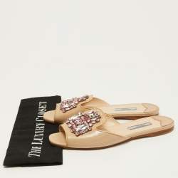 Prada Beige Saffiano Vernice Leather Crystal Embellished Flat Slides Size 37