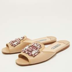 Prada Beige Saffiano Vernice Leather Crystal Embellished Flat Slides Size 37
