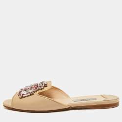 Prada Beige Saffiano Vernice Leather Crystal Embellished Flat Slides Size 37