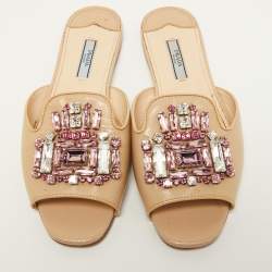 Prada Beige Saffiano Vernice Leather Crystal Embellished Flat Slides Size 37