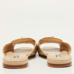 Prada Beige Saffiano Vernice Leather Crystal Embellished Flat Slides Size 37
