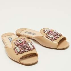 Prada Beige Saffiano Vernice Leather Crystal Embellished Flat Slides Size 37