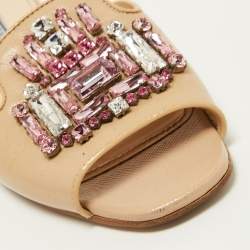 Prada Beige Saffiano Vernice Leather Crystal Embellished Flat Slides Size 37