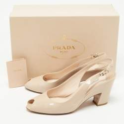 Pre Owned Prada Beige Patent Leather Peep Toe Slingback Pumps Size 40 