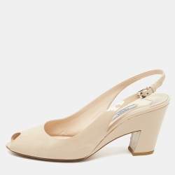 Pre Owned Prada Beige Patent Leather Peep Toe Slingback Pumps Size 40 