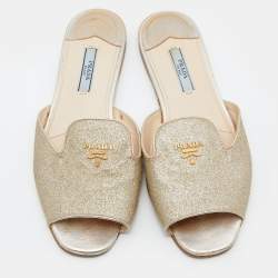 Prada Metallic Gold Glitter Leather Flat Slides Size 36