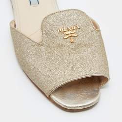 Prada Metallic Gold Glitter Leather Flat Slides Size 36