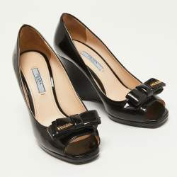 Pre Owned Prada Black Patent Leather Bow Peep Toe Wedge Pumps Size 37.5