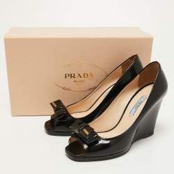 Pre Owned Prada Black Patent Leather Bow Peep Toe Wedge Pumps Size 37.5
