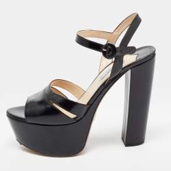 Prada Black Vernice Saffiano Leather Platform Ankle Strap Sandals Size 40