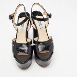 Prada Black Vernice Saffiano Leather Platform Ankle Strap Sandals Size 40