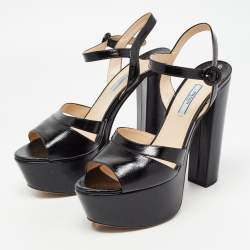 Prada Black Vernice Saffiano Leather Platform Ankle Strap Sandals Size 40