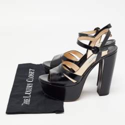 Prada Black Vernice Saffiano Leather Platform Ankle Strap Sandals Size 40