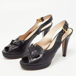 Pre Owned Prada Black Leather Peep Toe Platform Slingback Pumps Size 39.5