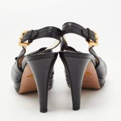 Pre Owned Prada Black Leather Peep Toe Platform Slingback Pumps Size 39.5