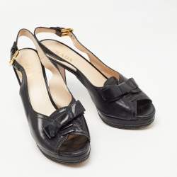 Pre Owned Prada Black Leather Peep Toe Platform Slingback Pumps Size 39.5