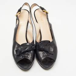Pre Owned Prada Black Leather Peep Toe Platform Slingback Pumps Size 39.5