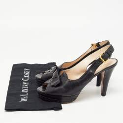 Pre Owned Prada Black Leather Peep Toe Platform Slingback Pumps Size 39.5