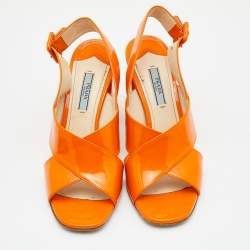 Pre Owned Prada Orange Patent Leather Chriss Cross Slingback Sandals Size 38.5