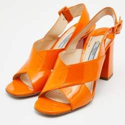 Pre Owned Prada Orange Patent Leather Chriss Cross Slingback Sandals Size 38.5