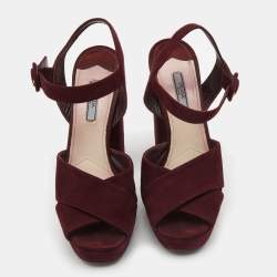 Pre Owned Prada Plum Suede Block Heel Ankle Strap Sandals Size 40