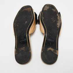 Prada Beige Patent Leather and Fabric Bow Flat Slides Size 37.5